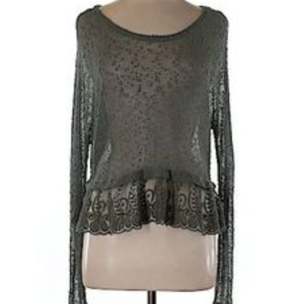 American Eagle Green Sheer Long Sleeve Lace Top